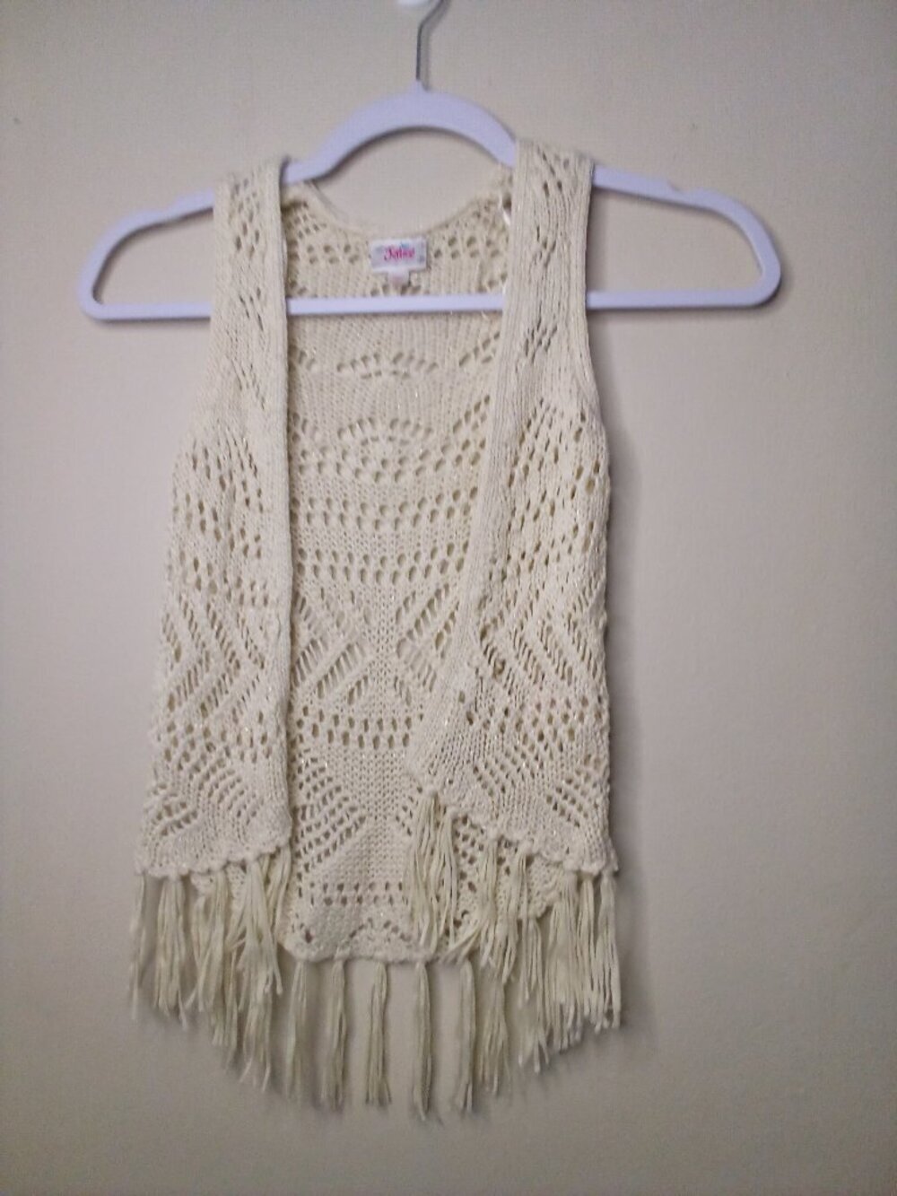 Justice Vest Cardigan Girls 5 Open Front Loose Knit Boho Fringe Cream